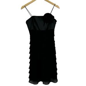 WHBM‎ Cocktail Dress Black Chiffon Layered Ruffle Rosette Size 2